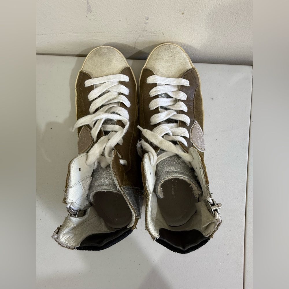 Philippe Model White and Brown High-Top Sneakers